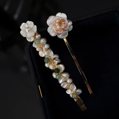 Floral Pearl and Green Stone Hair Barrette Set